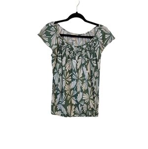 Ann Taylor Loft Cap Sleeve Green and White Tropical Foliage Top Size XS